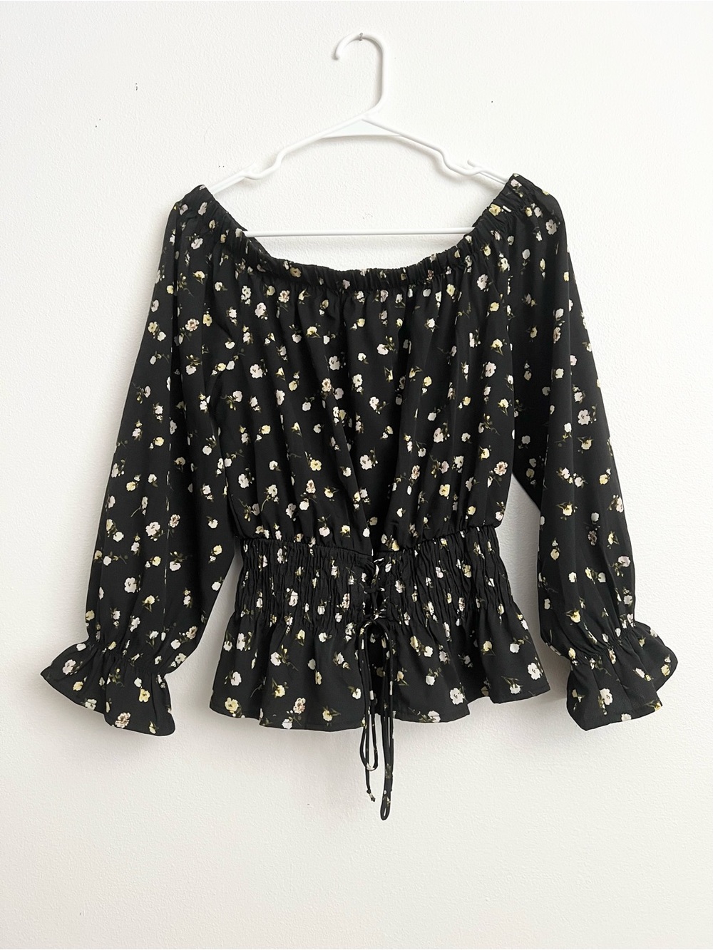 Black Floral Off Shoulder Top Smocked Waist Lace Up Blouse Milkmaid Cottagecore